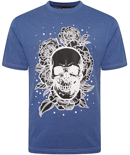 KAM Skull Rose Printed T-Shirt Blue Marl